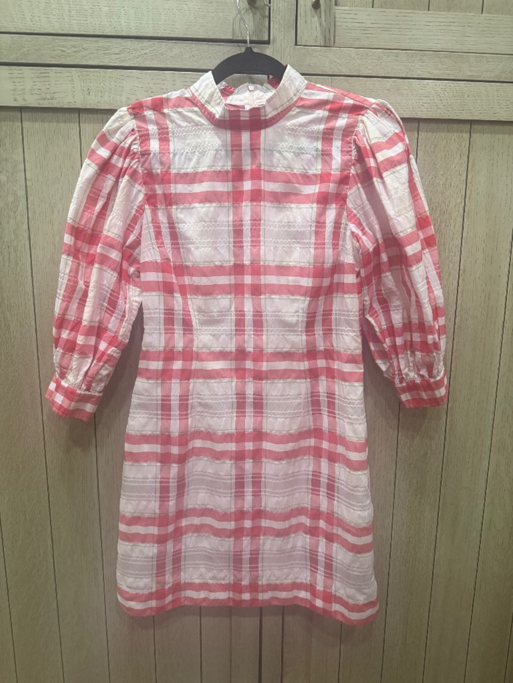 GANNI Mini Dress Red and White Seersucker Check Puff Sleeve Mock Neck size 36